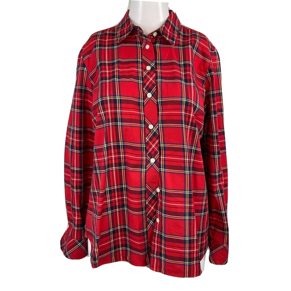 Talbots Shirt Womens Sz SP Petite Red Black Cotton Tartan‎ Plaid Button Up - Picture 1 of 9